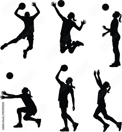 Collection of female volleyball player silhouettes in various action poses, jumping, serving, and spiking, isolated on white background, vector set.