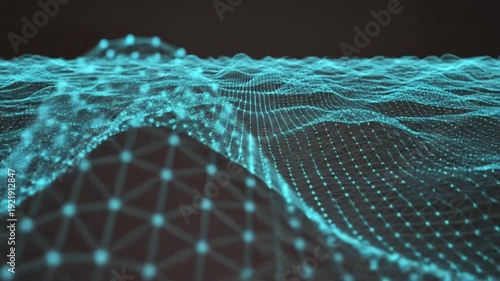 Abstract digital network mesh grid with glowing blue nodes and connecting lines, representing data flow and connectivity in a futuristic digital landscape