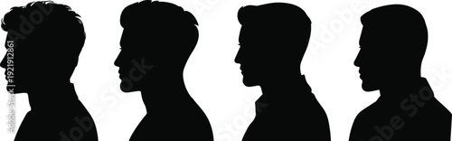 Collection of male head silhouettes in side view, various hairstyles and haircuts, facial profiles, isolated on white background, vector set.