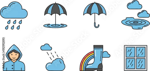 Weather icons vector set rain clouds umbrella raincoat rainbow boots window