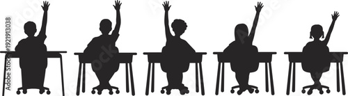 Group of elementary school students sitting at desks, raising hands to answer questions, classroom learning, education concept, isolated vector silhouette.Group of elementary 