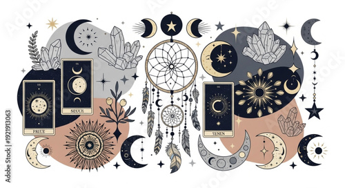 Mystical Celestial Dreamcatcher and Tarot Card Collage.