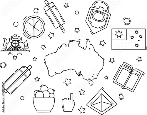 Australia themed line art vector illustration featuring national symbols map and cultural icons perfect for travel designs
