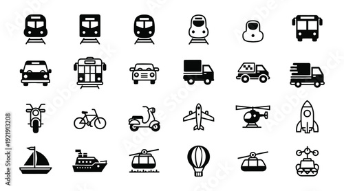 Collection of flat vector transportation icons representing various modes for travel logistics mobile app and website UI UX graphic design
