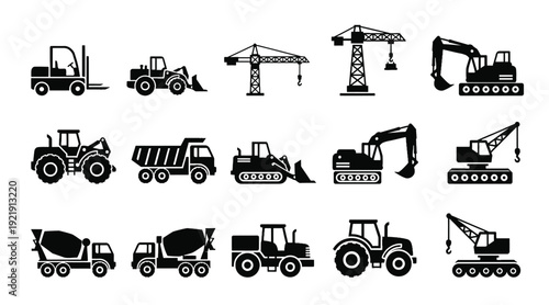 Set of black silhouette icons depicting various heavy construction vehicles and industrial machinery essential for building sites and engineering projects.