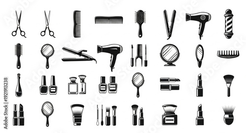 Collection of hand drawn beauty and hair salon tools and products.