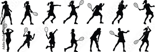 Set of black silhouette icons featuring a happy walking family and diverse women playing tennis, isolated on white background, vector.