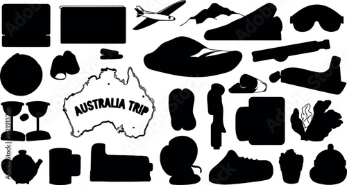 Comprehensive collection of Australia travel themed black silhouettes featuring various journey related objects and map outline isolated on transparent background