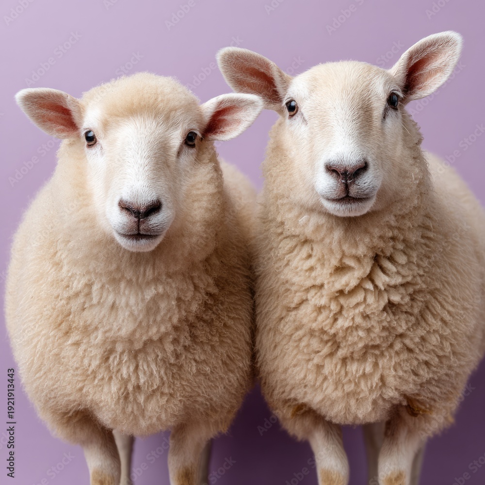 Obraz premium Adorable twin sheep portrait on a lavender background
