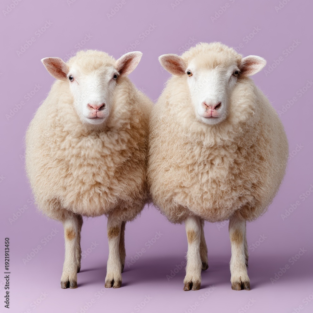 Fototapeta premium Twin sheep standing against soft purple background