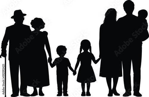Silhouette of a happy multi-generational family standing together in a row, parents, grandparents and children holding hands, isolated on white.