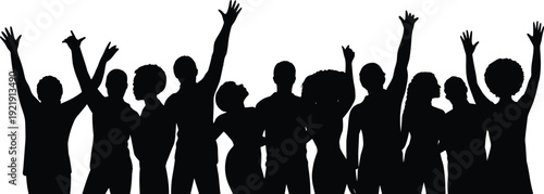 Collection of black silhouette icons featuring a happy family, athletic tennis and volleyball players, cheering crowd, dancers, and flying pheasants, isolated.