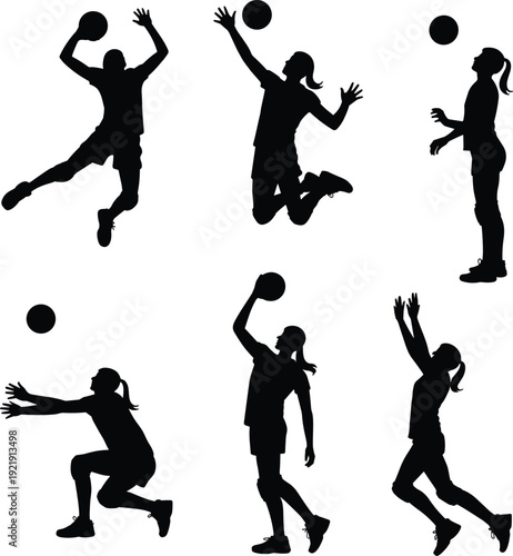 Collection of black silhouette icons featuring a happy walking family, athletic tennis and volleyball players, dynamic dancers, and flying pheasants, isolated.