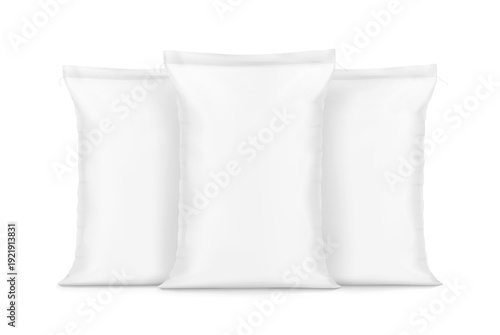 Vertical big heavy stitched bag set mockup for industrial, agricultural. Front view. Vector illustration isolated on white background. Ready for use in presentation, promo, advertising. EPS10.