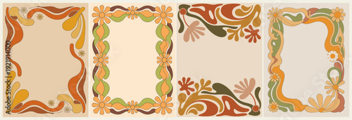 Set of retro frames with groovy flowers in mid Century modern color palette. Vector flat illustrations
