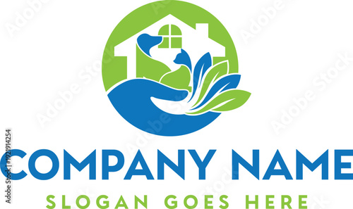 A modern logo features a house silhouette within a leaf shaped circle symbolizing eco friendly living