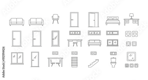Collection of Hand Drawn Furniture and Door Icons.