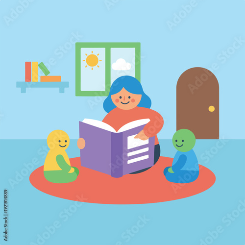 A simple, colorful illustration depicts an adult with blue hair reading a book to two children sitting on a red rug in a bright room with a window and bookshelves.