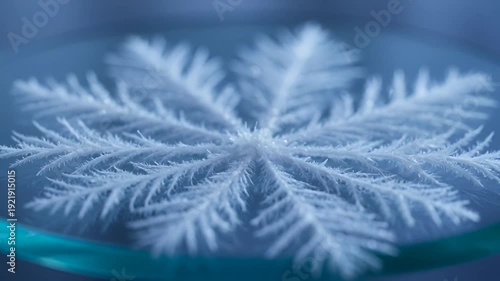 Intricate dendritic crystal formation with feathery branches on a blue and teal surface