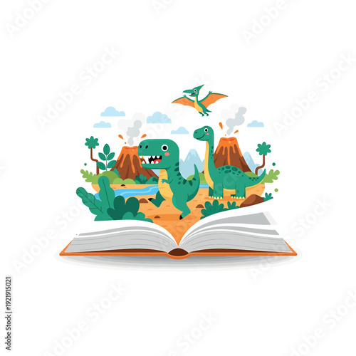 Dinosaurs emerge from an open book in a prehistoric landscape with volcanoes and plants.
