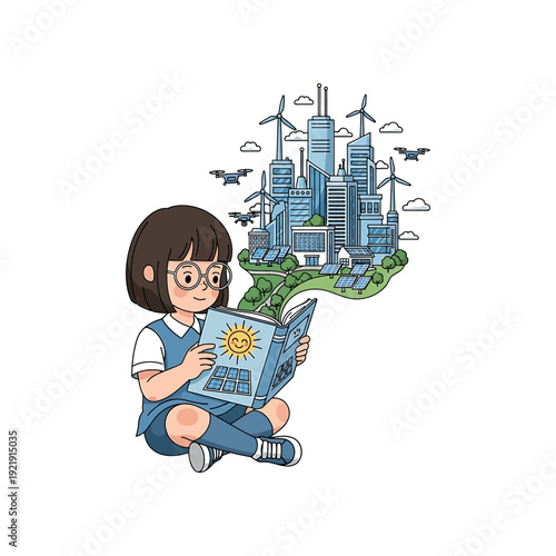 Fotografie Girl sitting cross-legged reading book with green cityscape and renewable energy