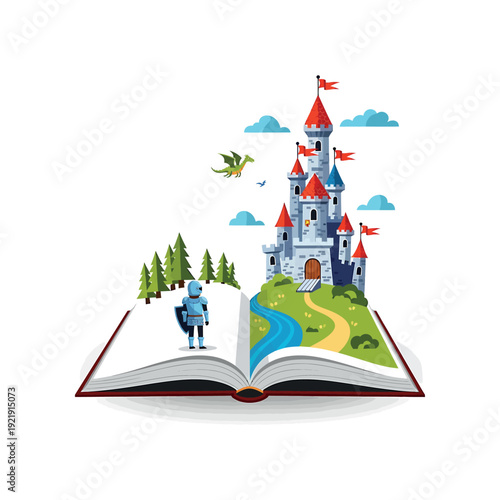 A storybook illustration of a knight standing before a fantasy castle rising from an open book