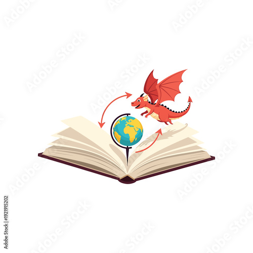 Fantasy dragon flying around a globe on an open book illustration