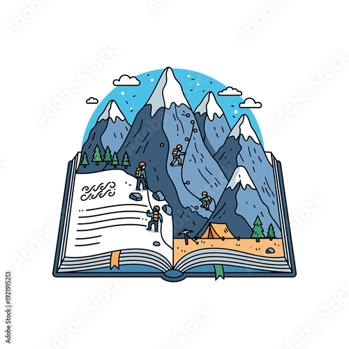 Illustration of climbers on a mountain range emerging from an open book outdoors