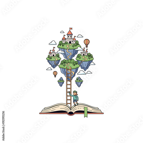 A whimsical illustration of a child climbing a ladder from an open book to a fantastical floating island village.