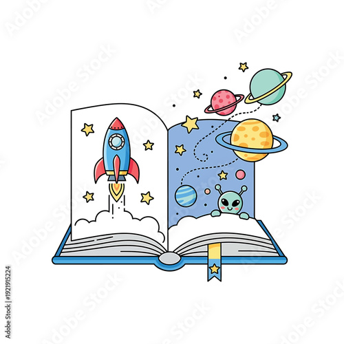 An open book launches a rocket into space with planets and an alien.
