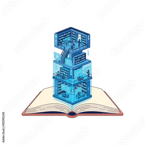 Isometric illustration of a futuristic library emerging from an open book with multiple levels and staircases