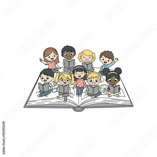 Children sitting on an open book reading laptops happily together in a group