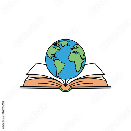 An illustration of the Earth globe sitting on an open book with white pages.