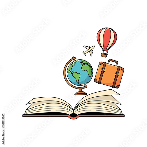 An open book with a globe, suitcase, airplane, and hot air balloon flying above it.