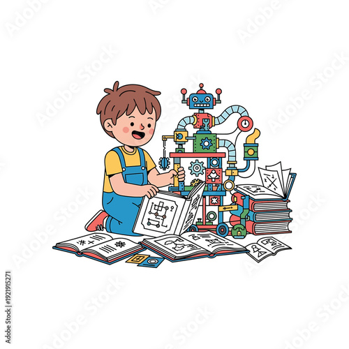 Young boy enthusiastically building a complex robot from plans and diagrams on the floor in a creative workspace