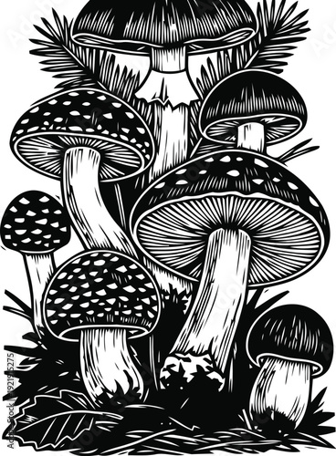 Linocut Wild Mushroom Cluster Illustration Black Ink Woodcut Print Botanical Texture