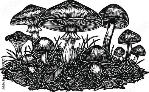 Linocut Wild Mushroom Cluster Illustration Black Ink Woodcut Print Botanical Texture