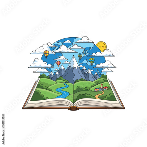 An open book reveals a scenic landscape with mountains, hot air balloons, and a sunny sky.