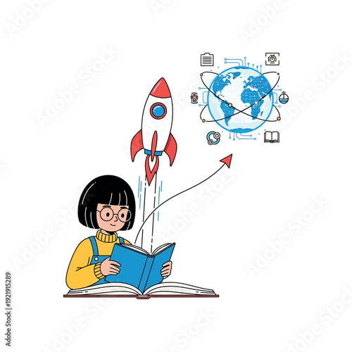 Girl reads book launching rocket into space with globe and icons floating nearby