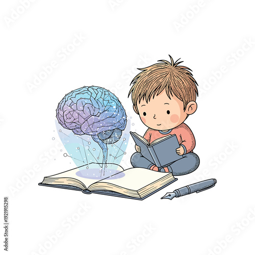 A young boy sits cross-legged reading a book with a brain hovering above an open book