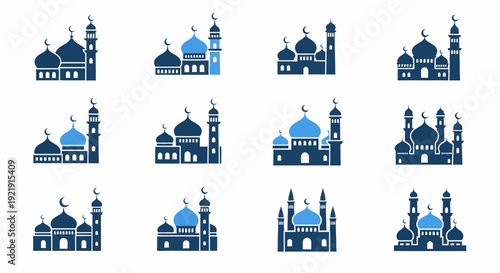 Collection of Mosque Icons in Blue.