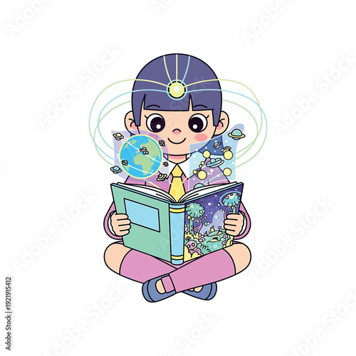 A cartoon boy reads a book with a globe and planets floating around his head.