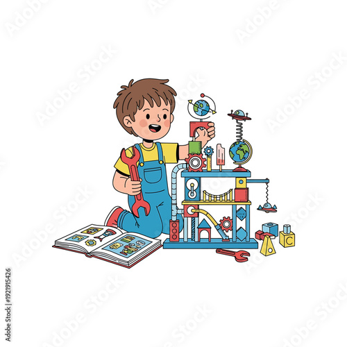 A young boy kneels beside a workbench, holding a wrench and examining a model.