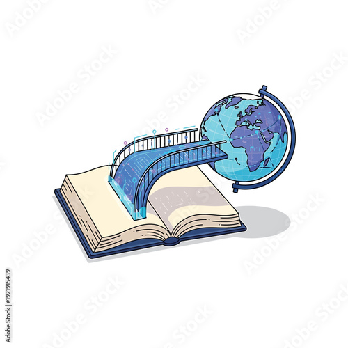 An open book with a bridge connecting to a globe illustration