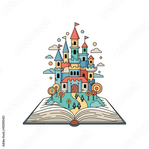 Fantasy castle emerging from open book with colorful towers and flags, surrounded by whimsical clouds and lollipops.