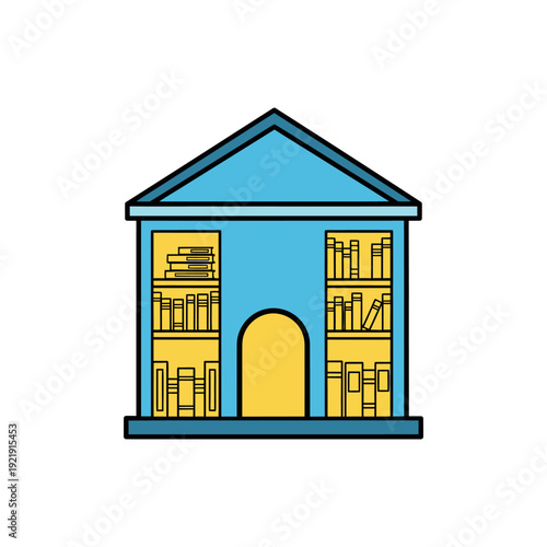 An illustration depicts a blue library building with yellow bookshelves and doorway visible.