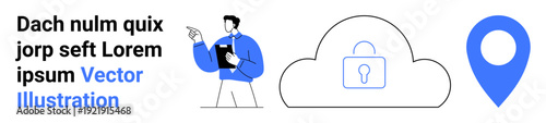 Data privacy, cloud storage, cybersecurity, human interaction, location tracking, business solutions. Man holding clipboard, cloud with a lock map pin. Data privacy and cloud storage concept
