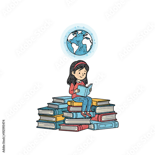 Young girl sitting on pile of books reading, globe above, illustration