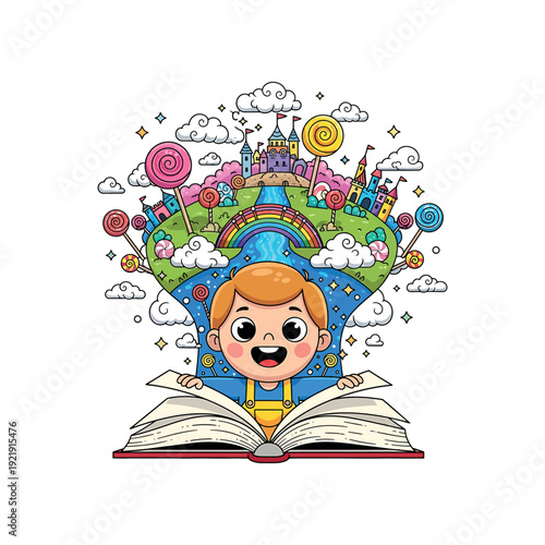 A young boy reading a book with a fantasy landscape emerging from the pages, surrounded by candy and a rainbow.