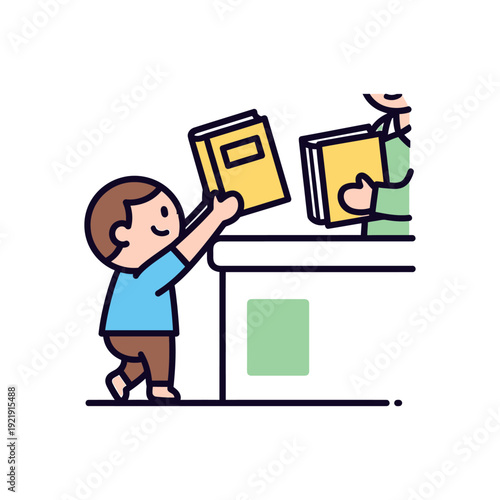 Person hands book to another person at a desk in a simple illustration style.